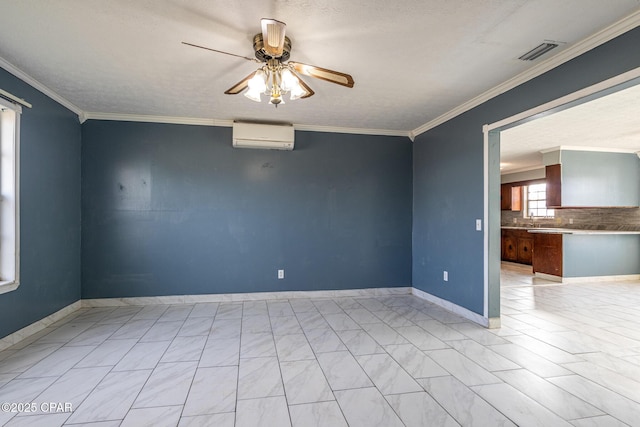 empty room with a wall mounted AC, ceiling fan, ornamental molding, and visible vents