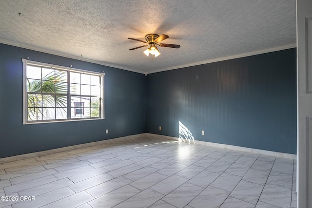 unfurnished room with crown molding, ceiling fan, baseboards, and a textured ceiling