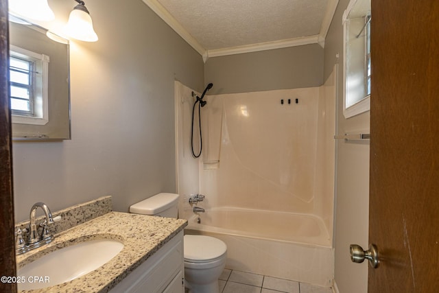 full bathroom with vanity, ornamental molding, tile patterned flooring, a textured ceiling, and toilet