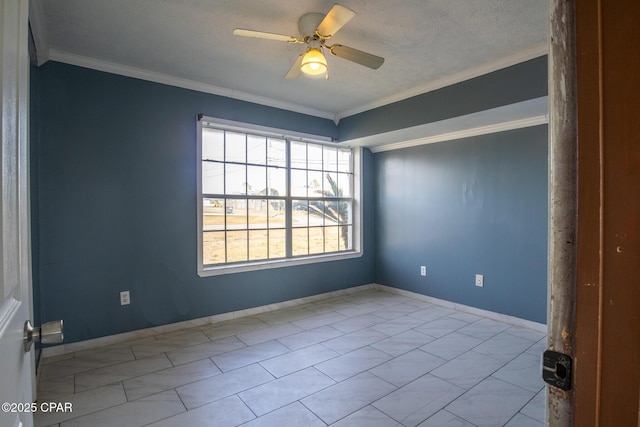 spare room with ornamental molding, ceiling fan, baseboards, and a textured ceiling