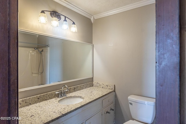 bathroom featuring crown molding, vanity, a shower, a textured ceiling, and toilet