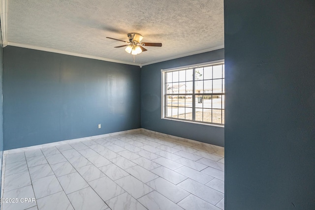 spare room with a textured ceiling, ornamental molding, and ceiling fan