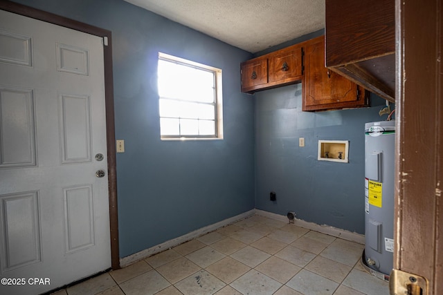 laundry area with cabinets, washer hookup, electric water heater, hookup for an electric dryer, and a textured ceiling