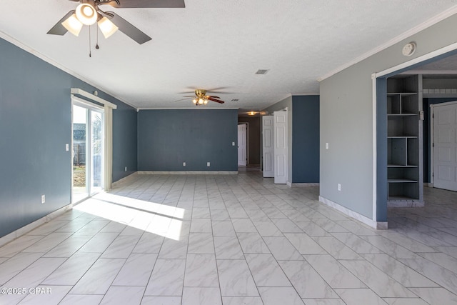 unfurnished room featuring a textured ceiling, built in features, ornamental molding, and ceiling fan
