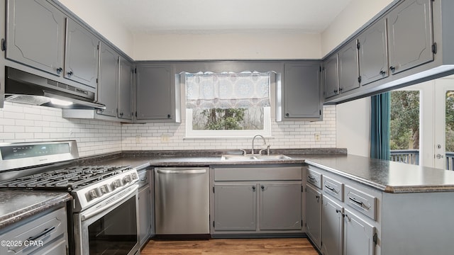 kitchen with sink, dark hardwood / wood-style floors, gray cabinets, kitchen peninsula, and stainless steel appliances