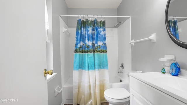 full bathroom featuring toilet, vanity, and shower / bathtub combination with curtain