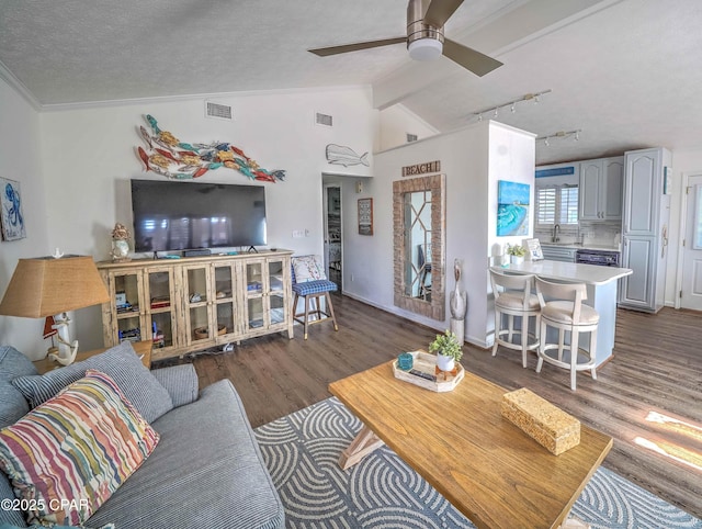 living room featuring sink, ceiling fan, dark hardwood / wood-style floors, a textured ceiling, and vaulted ceiling