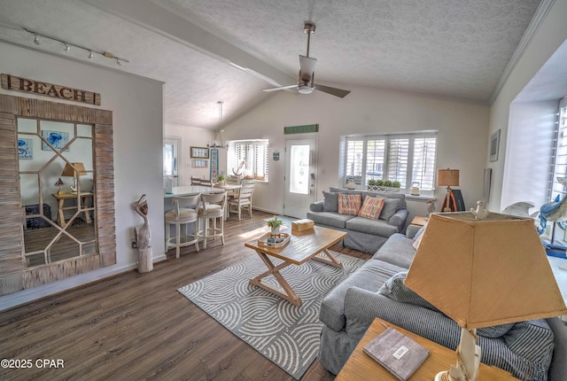 living room featuring ceiling fan, dark hardwood / wood-style flooring, lofted ceiling with beams, and a textured ceiling