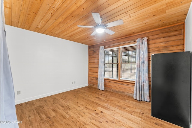 empty room with ceiling fan, wood ceiling, and light hardwood / wood-style flooring