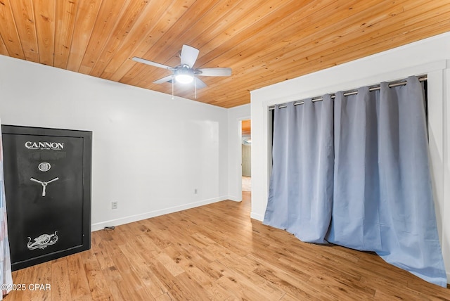 interior space with wood ceiling, ceiling fan, and light wood-type flooring