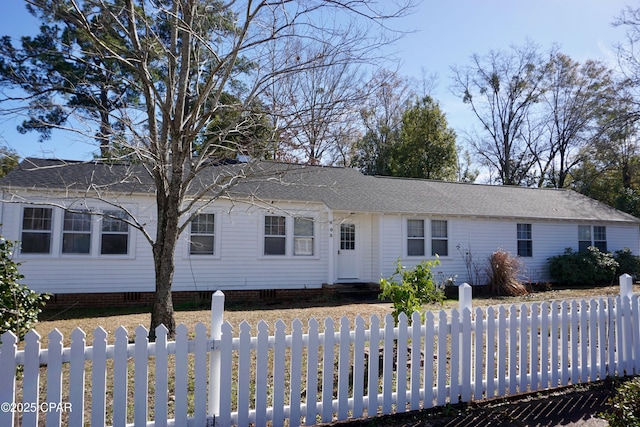 single story home with roof with shingles, crawl space, and a fenced front yard