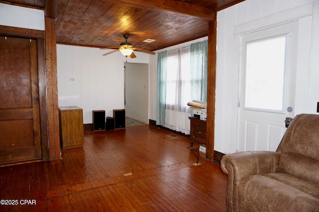 sitting room with visible vents, hardwood / wood-style floors, wooden ceiling, and a ceiling fan