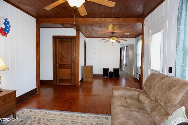 living area featuring wooden ceiling, hardwood / wood-style flooring, and a ceiling fan