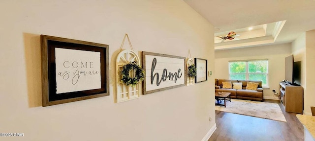 hallway featuring hardwood / wood-style floors and a raised ceiling