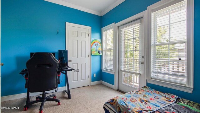 carpeted bedroom with access to outside, ornamental molding, and baseboards