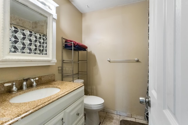 bathroom featuring a shower with curtain, vanity, toilet, and tile patterned flooring