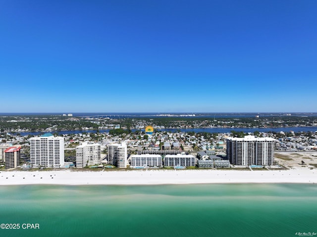 aerial view with a view of the beach and a water view