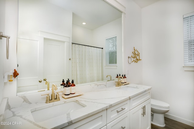 bathroom featuring double vanity, toilet, baseboards, and a sink