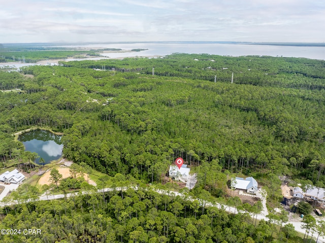 drone / aerial view with a forest view and a water view