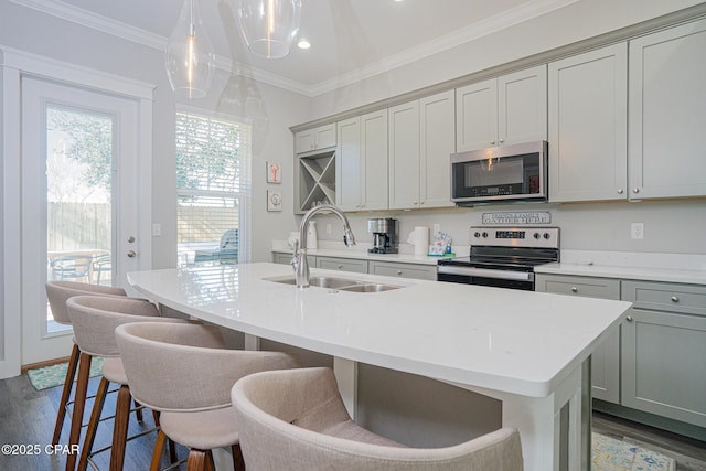 kitchen featuring a sink, appliances with stainless steel finishes, crown molding, and an island with sink