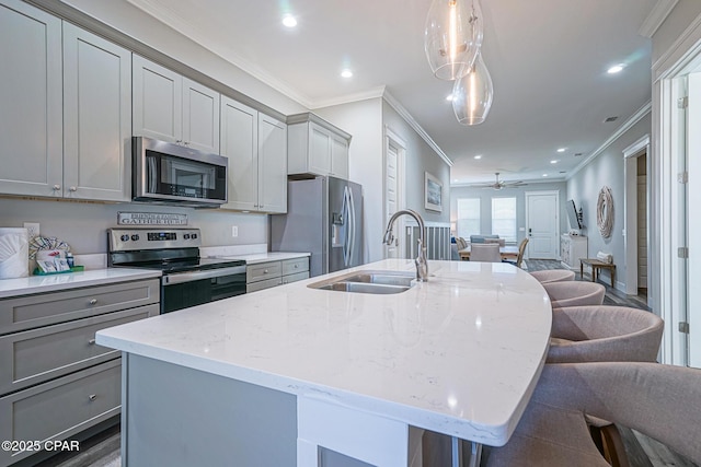 kitchen featuring ornamental molding, open floor plan, gray cabinets, stainless steel appliances, and a sink