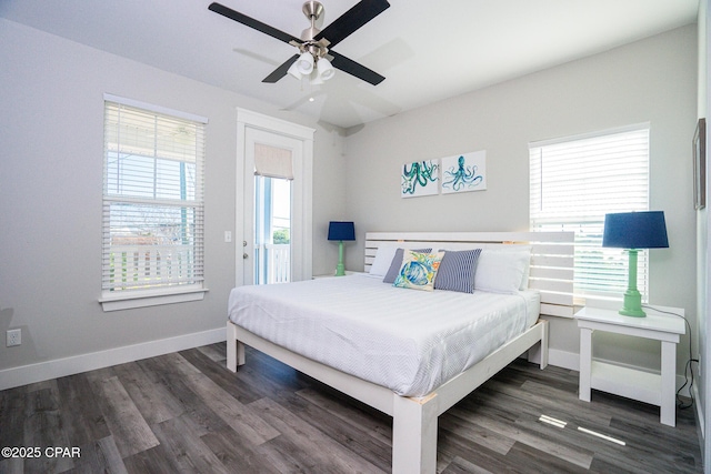 bedroom with a ceiling fan, access to outside, baseboards, and wood finished floors