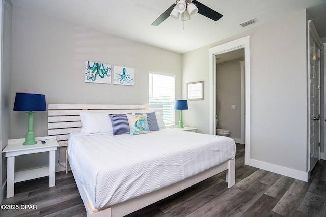 bedroom with ceiling fan, visible vents, baseboards, and wood finished floors