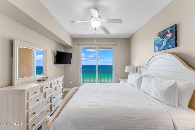 bedroom with multiple windows, access to outside, and ceiling fan