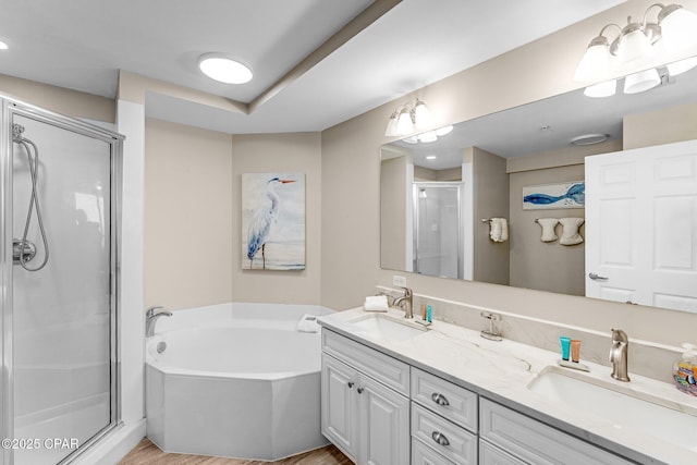 bathroom with vanity and separate shower and tub