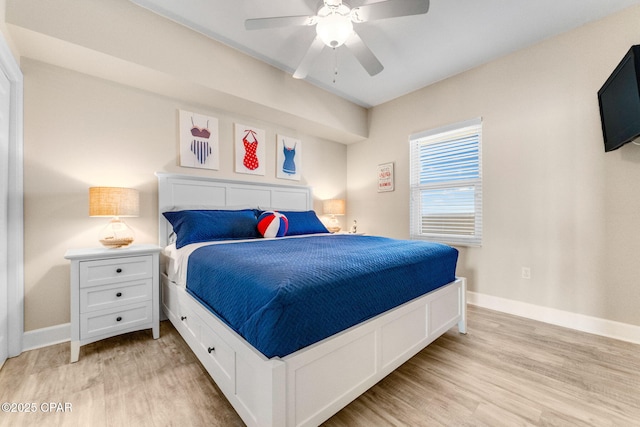 bedroom with light hardwood / wood-style floors and ceiling fan