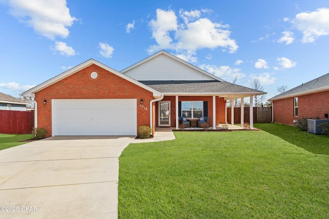 view of front facade with a garage, central AC unit, covered porch, and a front lawn