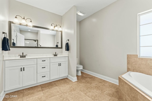 full bathroom featuring vanity, tile patterned floors, shower with separate bathtub, and toilet