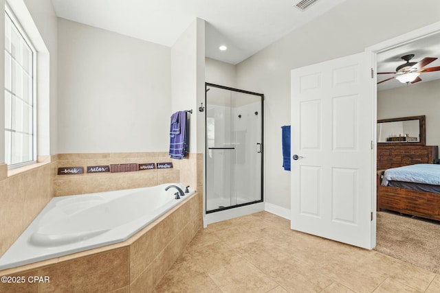 bathroom featuring tile patterned flooring, shower with separate bathtub, and ceiling fan