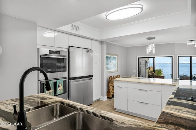 kitchen with sink, white cabinetry, a water view, crown molding, and stainless steel appliances