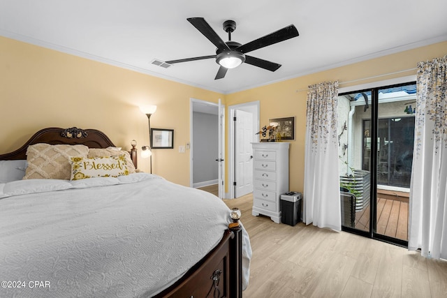 bedroom featuring crown molding, ceiling fan, access to exterior, and light hardwood / wood-style floors