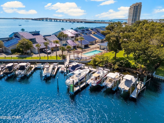 drone / aerial view with a water view