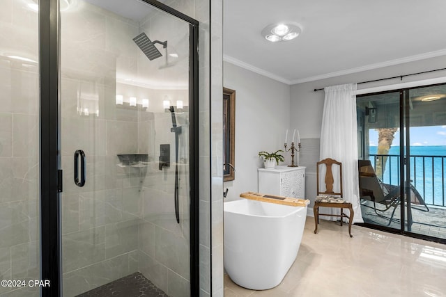 bathroom featuring ornamental molding, a water view, and plus walk in shower