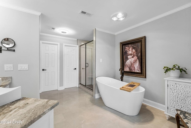 bathroom featuring crown molding, shower with separate bathtub, and vanity