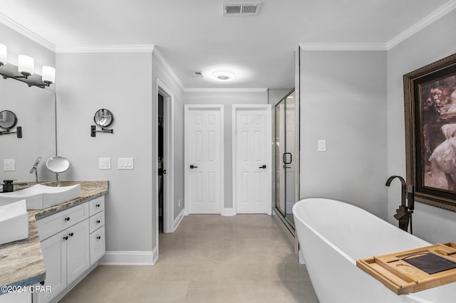 bathroom with vanity, crown molding, and independent shower and bath