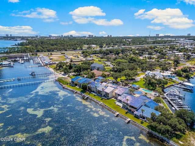 aerial view featuring a water view