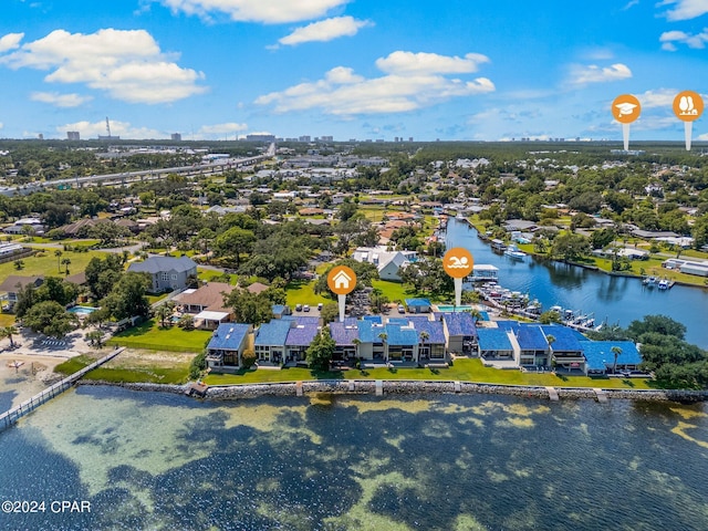 aerial view featuring a water view