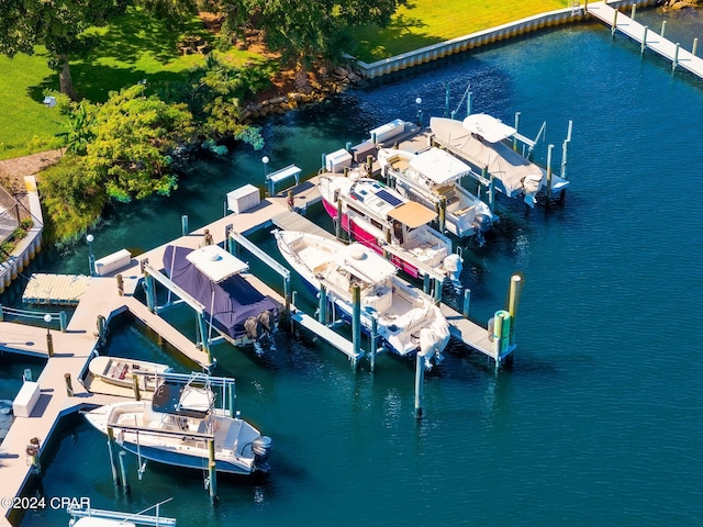 bird's eye view with a water view