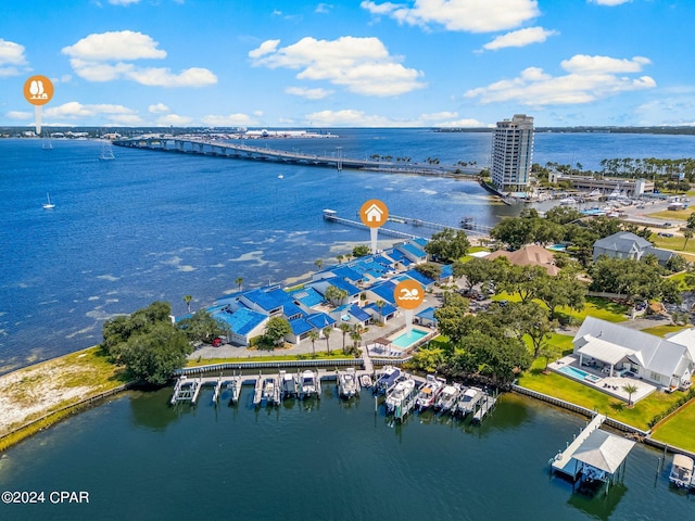 birds eye view of property featuring a water view