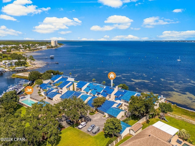 bird's eye view with a water view