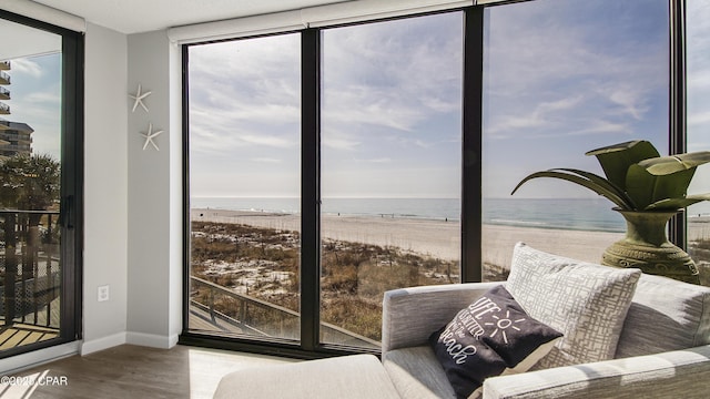 interior space featuring hardwood / wood-style floors, plenty of natural light, a water view, expansive windows, and a beach view