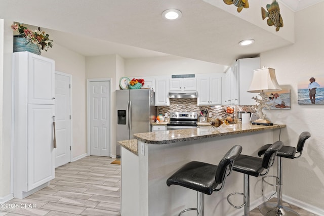 kitchen with decorative backsplash, appliances with stainless steel finishes, a peninsula, light stone countertops, and under cabinet range hood