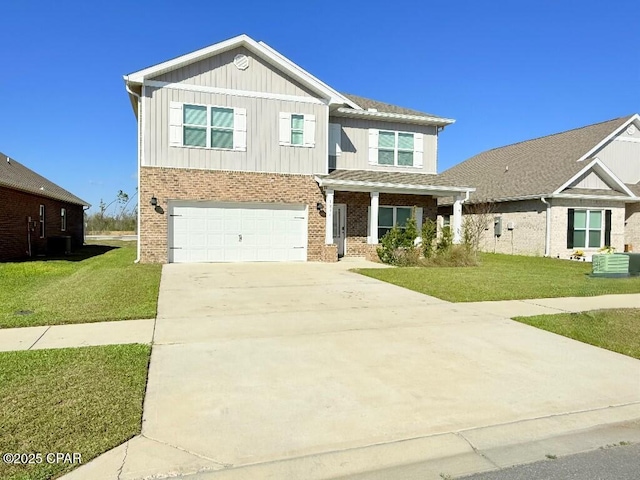 view of front facade featuring an attached garage, a front lawn, concrete driveway, and board and batten siding