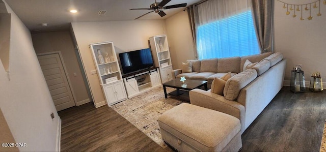 living room featuring visible vents, baseboards, ceiling fan, dark wood-type flooring, and recessed lighting