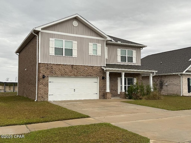 view of front of home featuring brick siding, concrete driveway, board and batten siding, a garage, and a front lawn