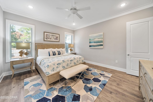 173 W Willow Mist Rd, Inlet Beach, FL 32461 - bedroom with baseboards, crown molding, wood finished floors, recessed lighting, and a ceiling fan